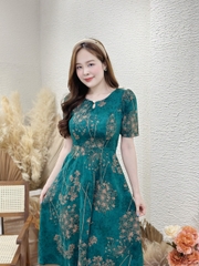 Đầm xòe họa tiết hoa, cổ giọt nước đính nút, có túi - GR0279