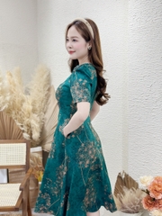 Đầm xòe họa tiết hoa, cổ giọt nước đính nút, có túi - GR0279