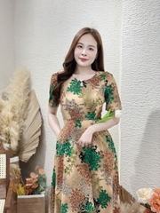 Đầm xòe họa tiết hoa, cổ giọt nước đính nút, có túi - GR0279
