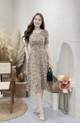 Đầm xòe họa tiết hoa, cổ giọt nước đính nút, có túi - GR0279