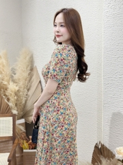 Đầm xòe họa tiết hoa, cổ giọt nước đính nút, có túi - GR0279