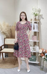 Đầm xòe hoa nhí cổ phối ren, đính nút, có túi - GR0281