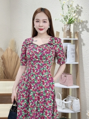 Đầm xòe hoa nhí cổ phối ren, đính nút, có túi - GR0281