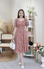 Đầm xòe hoa nhí cổ phối ren, đính nút, có túi - GR0281