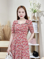 Đầm xòe hoa nhí cổ phối ren, đính nút, có túi - GR0281