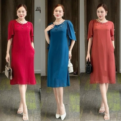 Đầm suông trơn đính hoa đính ngọc, tay loe, có túi - GR0303
