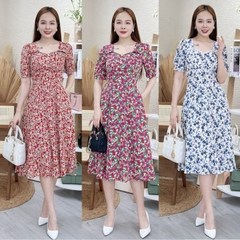 Đầm xòe hoa nhí cổ phối ren, đính nút, có túi - GR0281