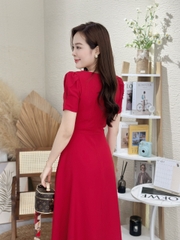 Đầm xòe cổ phối ren, đính nút, tay phồng - GR0284
