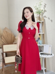 Đầm xòe cổ phối ren, đính nút, tay phồng - GR0284