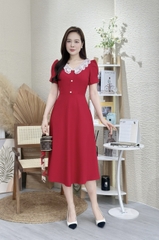 Đầm xòe cổ phối ren, đính nút, tay phồng - GR0284