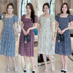 Đầm xòe hoa cổ vuông xếp ly ngực, tay phồng bo chun - GR0287