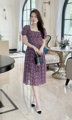 Đầm xòe hoa cổ vuông xếp ly ngực, tay phồng bo chun - GR0287