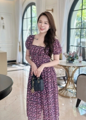 Đầm xòe hoa cổ vuông xếp ly ngực, tay phồng bo chun - GR0287