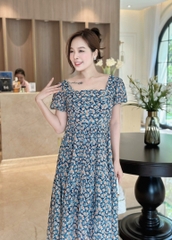 Đầm xòe hoa cổ vuông xếp ly ngực, tay phồng bo chun - GR0287