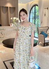 Đầm xòe hoa cổ vuông xếp ly ngực, tay phồng bo chun - GR0287