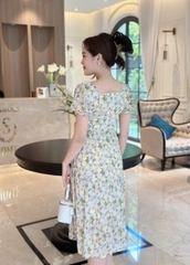 Đầm xòe hoa cổ vuông xếp ly ngực, tay phồng bo chun - GR0287