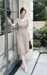 Đầm xòe hoa đính nút, cổ V, tay phồng bo chun, CÓ TÚI - GR0286