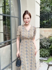 Đầm xòe hoa đính nút, cổ V, tay phồng bo chun, CÓ TÚI - GR0286