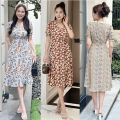 Đầm xòe hoa đính nút, cổ V, tay phồng bo chun, CÓ TÚI - GR0286