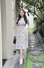 Đầm xòe hoa đính nút, cổ V, tay phồng bo chun, CÓ TÚI - GR0286