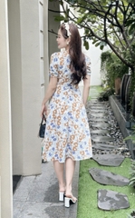 Đầm xòe hoa đính nút, cổ V, tay phồng bo chun, CÓ TÚI - GR0286