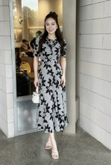 Đầm hoa form dài, cổ phối ren đính nẹp đính nút, tay hơi phồng - GR0291
