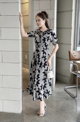 Đầm hoa form dài, cổ phối ren đính nẹp đính nút, tay hơi phồng - GR0291