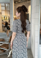 Đầm hoa form dài, cổ phối ren đính nẹp đính nút, tay hơi phồng - GR0291