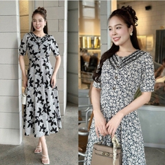 Đầm hoa form dài, cổ phối ren đính nẹp đính nút, tay hơi phồng - GR0291