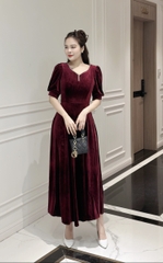 Đầm nhung đính dây đá, form dài, tay phồng - GR0296