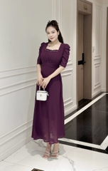 Đầm maxi form dài, xếp ly ngực và eo đính ngọc, tay phồng - GR0293