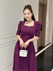 Đầm maxi form dài, xếp ly ngực và eo đính ngọc, tay phồng - GR0293