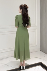 Đầm maxi form dài, xếp ly ngực và eo đính ngọc, tay phồng - GR0293