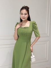 Đầm maxi form dài, xếp ly ngực và eo đính ngọc, tay phồng - GR0293