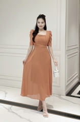 Đầm maxi form dài, xếp ly ngực và eo đính ngọc, tay phồng - GR0293