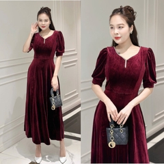 Đầm nhung đính dây đá, form dài, tay phồng - GR0296