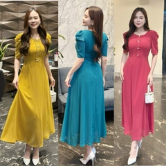 Đầm maxi form dài đính nẹp phối bèo đính nút, tay phồng - GR0297