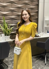 Đầm maxi form dài đính nẹp phối bèo đính nút, tay phồng - GR0297