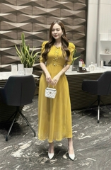 Đầm maxi form dài đính nẹp phối bèo đính nút, tay phồng - GR0297