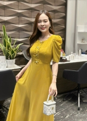 Đầm maxi form dài đính nẹp phối bèo đính nút, tay phồng - GR0297