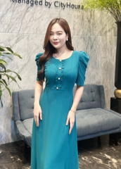 Đầm maxi form dài đính nẹp phối bèo đính nút, tay phồng - GR0297