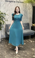 Đầm maxi form dài đính nẹp phối bèo đính nút, tay phồng - GR0297
