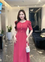 Đầm maxi form dài đính nẹp phối bèo đính nút, tay phồng - GR0297