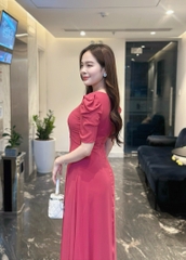 Đầm maxi form dài đính nẹp phối bèo đính nút, tay phồng - GR0297