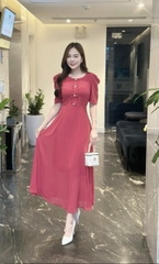 Đầm maxi form dài đính nẹp phối bèo đính nút, tay phồng - GR0297