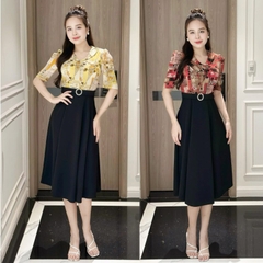 Đầm xòe phối cổ sen, khoen eo, tay hơi phồng - GR0299
