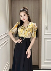 Đầm xòe phối cổ sen, khoen eo, tay hơi phồng - GR0299