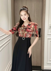 Đầm xòe phối cổ sen, khoen eo, tay hơi phồng - GR0299