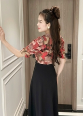 Đầm xòe phối cổ sen, khoen eo, tay hơi phồng - GR0299