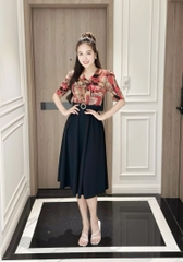 Đầm xòe phối cổ sen, khoen eo, tay hơi phồng - GR0299